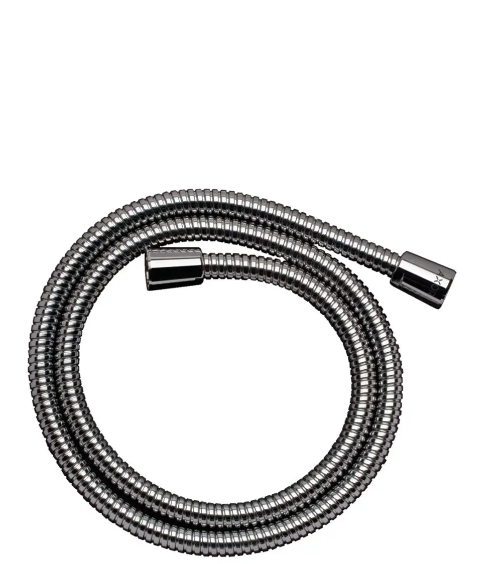 Metallbrauseschlauch in flexibler, schimmernder Ausführung mit glattem, glänzendem Finish. Entworfen von Hansgrohe für den Einsatz in Badezimmerarmaturen.